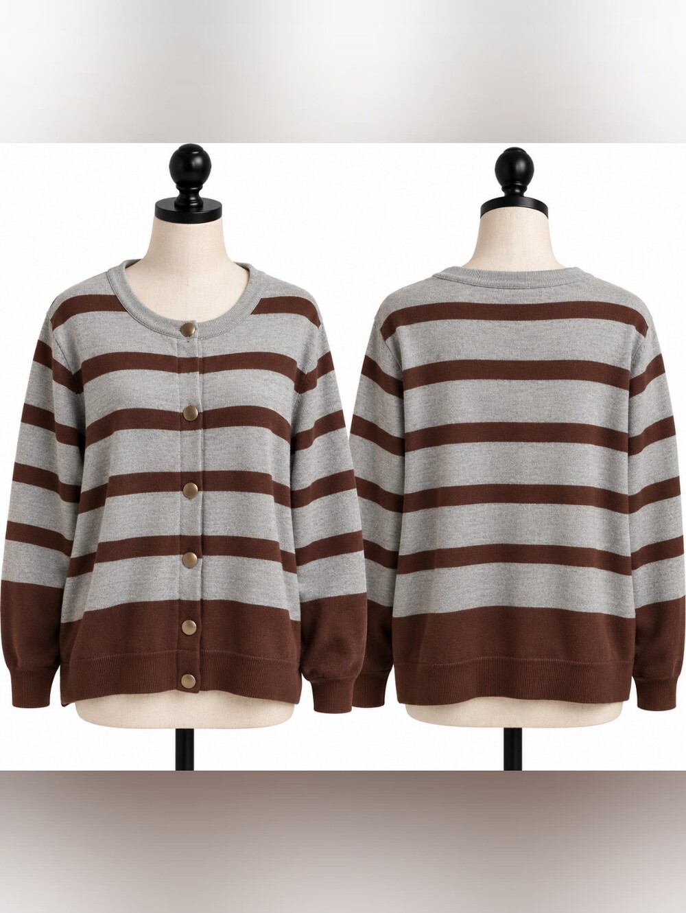 Jessica Simpson grey and brown striped gold buttoned cardigan size large new